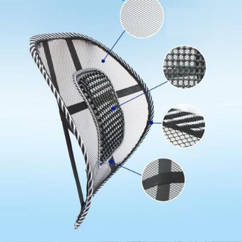 Black and white ergonomic mesh back support cushion with a central lumbar massage pad and strap attachments.
