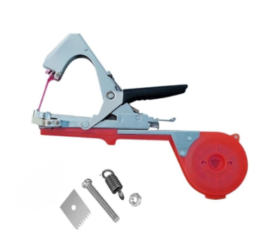Red and silver plant tying tool with tape spool, including a spare blade, screw, nut, and spring on a white background.