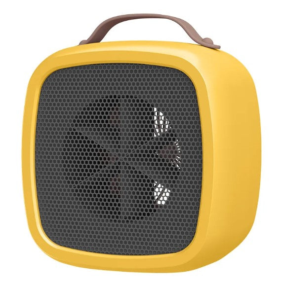 Bright yellow compact space heater with a rounded retro design, black honeycomb grille, and a brown carrying handle.