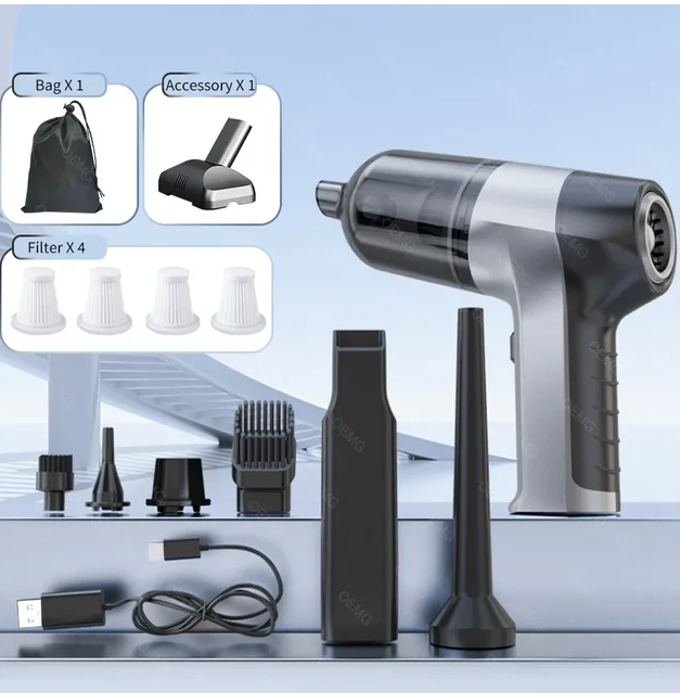 Compact wireless handheld vacuum in black and silver with various brush attachments, filters, a storage bag, and cable.