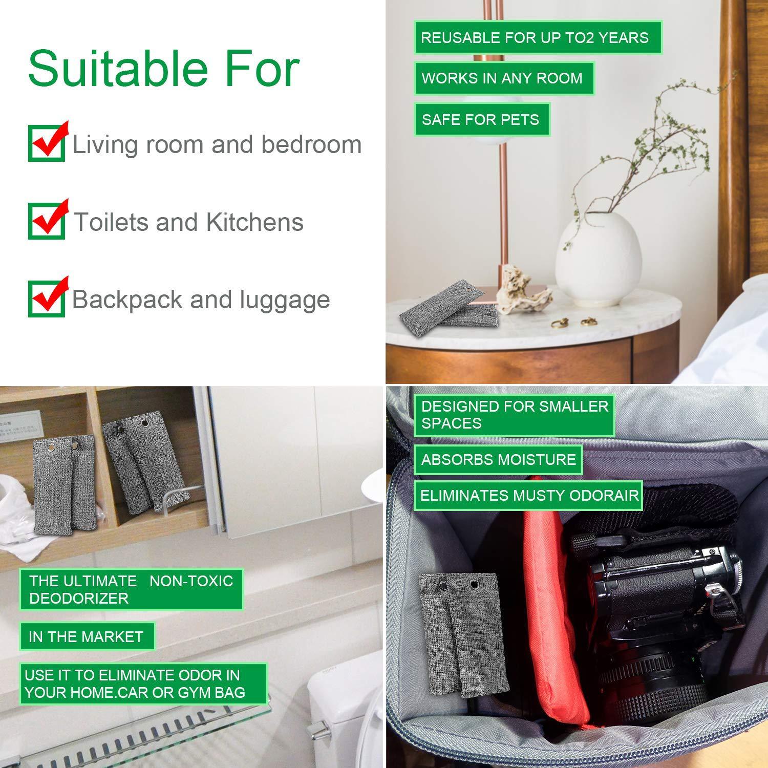 Grey fabric bamboo charcoal air purifying bags shown in a home and inside a backpack, with green benefit text overlays.