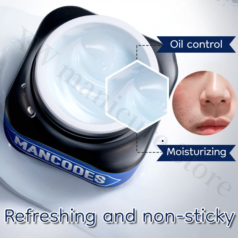 Black jar of MANCODES hydrating BB cream with blue labeling, showing a gel texture, oil control, and skin effect.