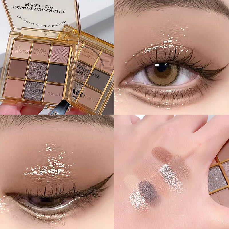 DIKALU 9-color eyeshadow palette with neutral, shimmer, and matte browns, shown on eyelids and skin swatches.