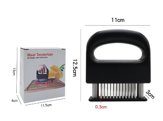 Black 48-blade handheld meat tenderizer with stainless steel blades, shown with its product packaging and dimensions.
