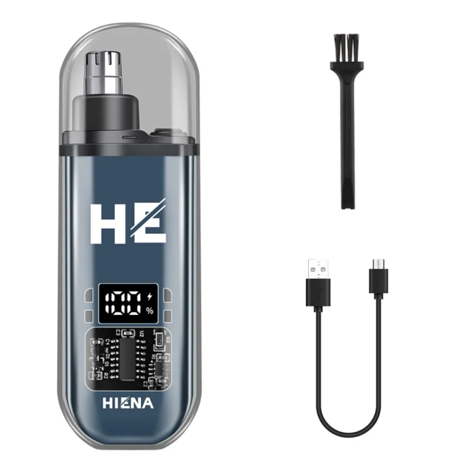 Blue compact electric nose trimmer with digital battery display, cleaning brush, and USB charging cable.