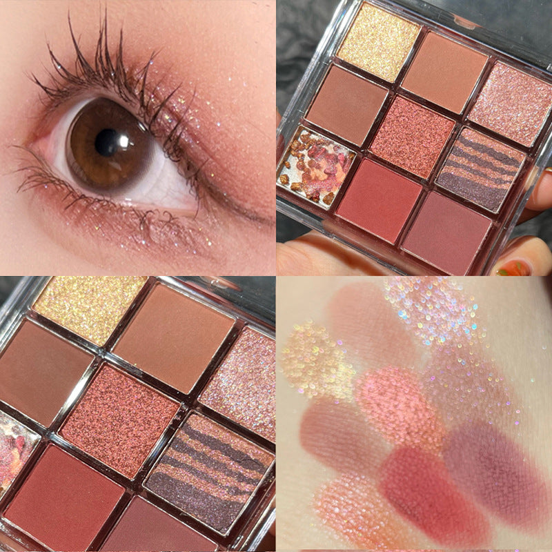 DIKALU 9-color eyeshadow palette with warm sunset-inspired matte, shimmer, and glitter shades plus eye and skin swatches.