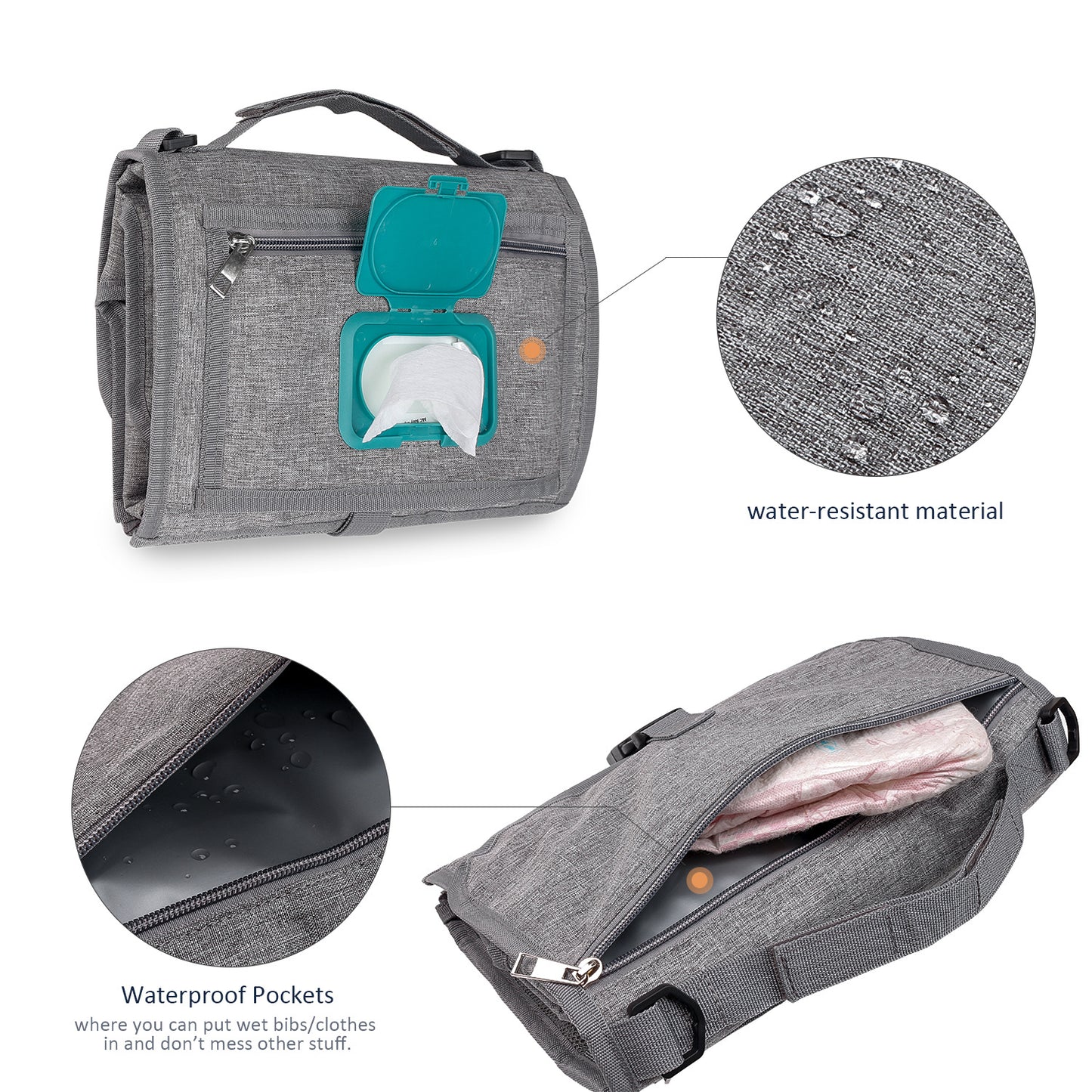 Foldable grey baby changing mat with a turquoise wipe dispenser, waterproof material, and zippered storage pockets.
