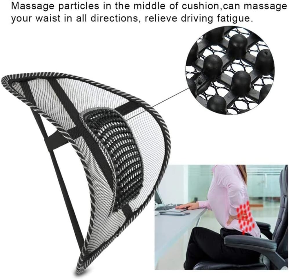 Black ergonomic mesh back support cushion with a central panel of massage nodes for lumbar relief.