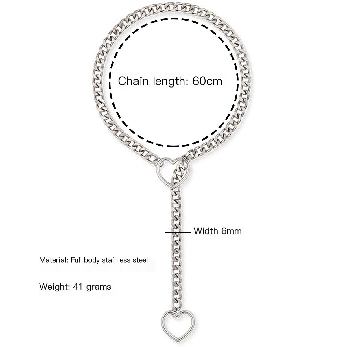 Silver stainless steel lariat necklace featuring a 60cm chain, heart-shaped links, and 6mm width.