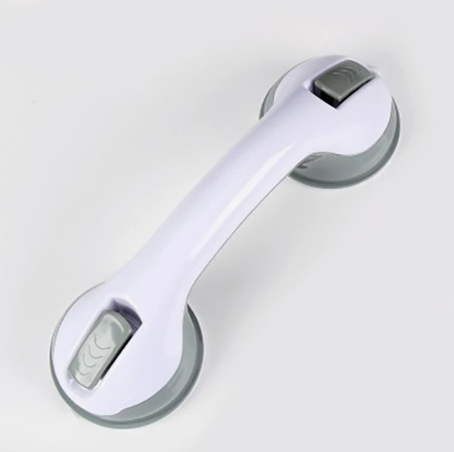 White suction-cup safety grip bar with two grey locking latches, designed for easy wall mounting.