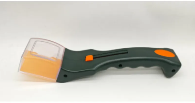 Dark green portable bug grabber with a clear plastic trap, orange trigger, and orange button on a white background.