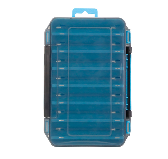 Translucent blue twin-sided tackle box with a hanging tab, black latches, and internal compartment dividers.