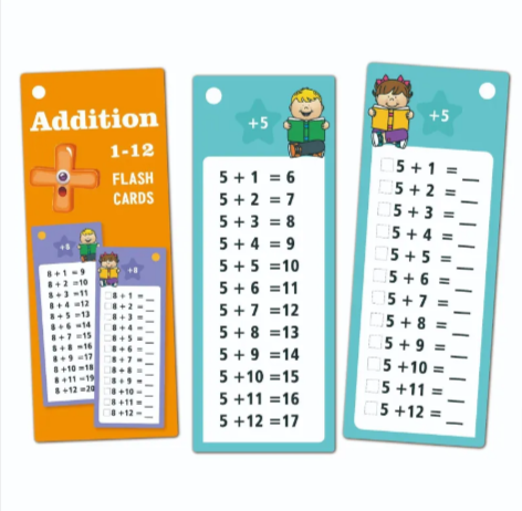 Erasable addition flashcards with colorful, cartoon-themed designs, showing math problems and completed solutions.