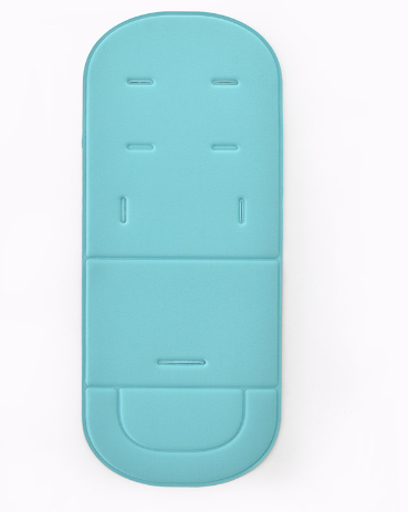 Teal, rectangular cotton baby stroller seat pad with universal harness slots, isolated on a white background.