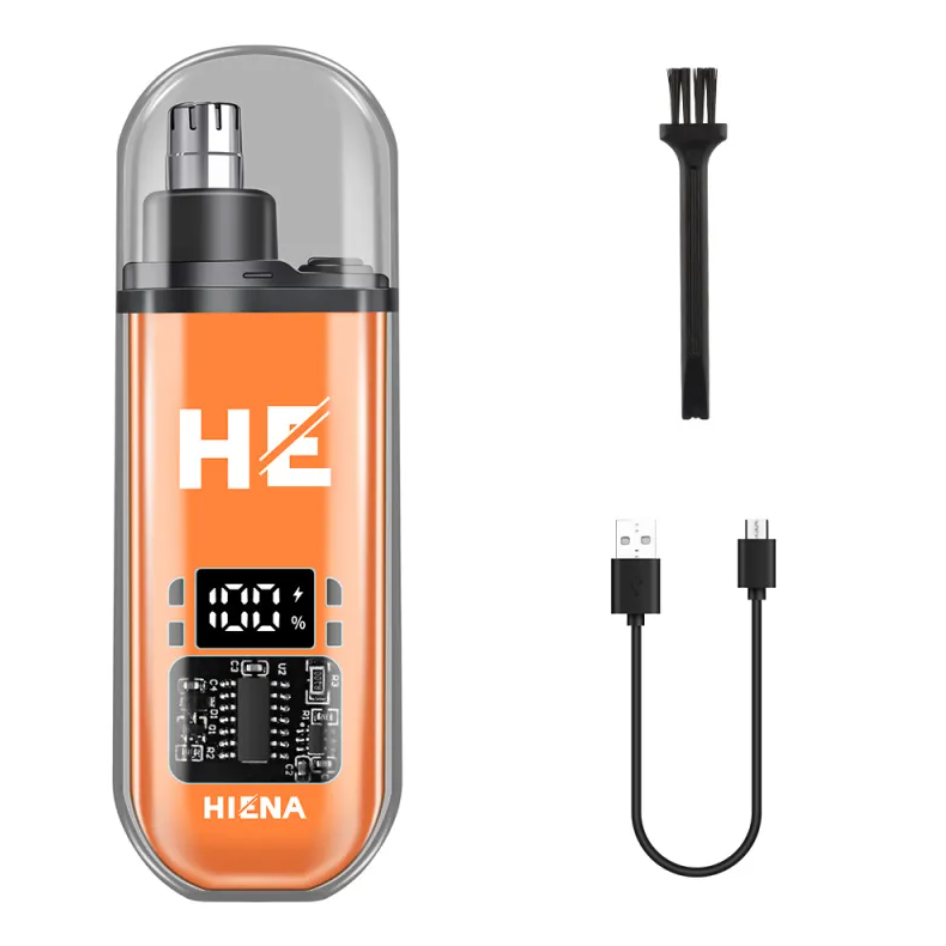 Compact orange electric nose trimmer with digital display, transparent cover, cleaning brush, and USB charging cable.