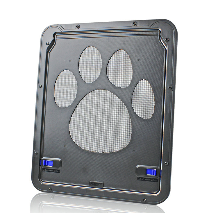 Black rectangular pet door with a central paw-print mesh screen and blue sliding locks on a white background.