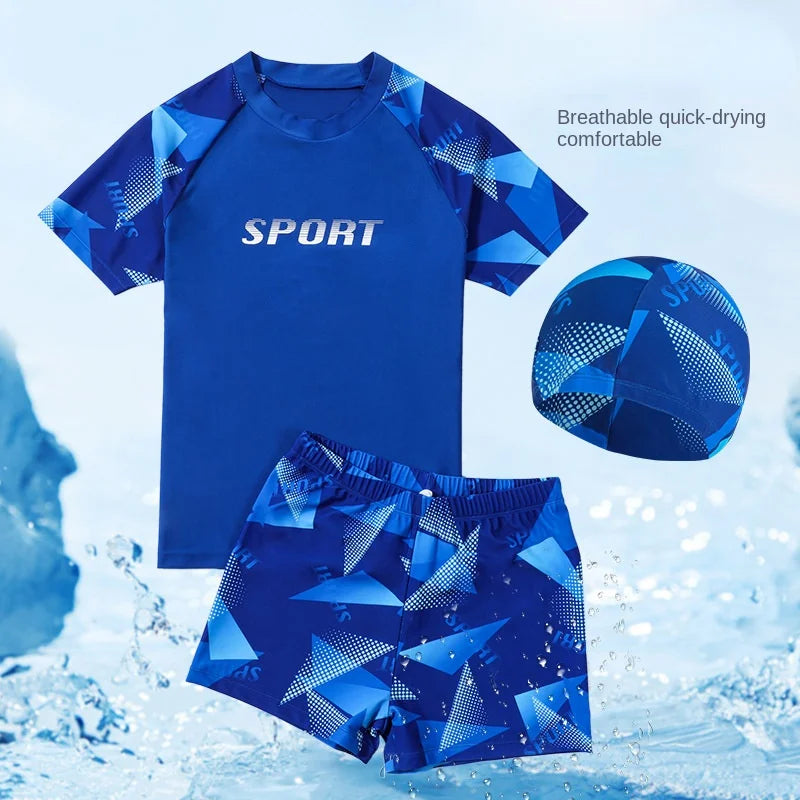 Boys' Plus Size Sun Protection Swimsuit – Quick-Dry Two-Piece Set (Up to 85kg)