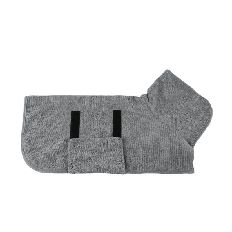 Grey quick-dry pet bathrobe with a hood and black velcro closure straps on a white background.
