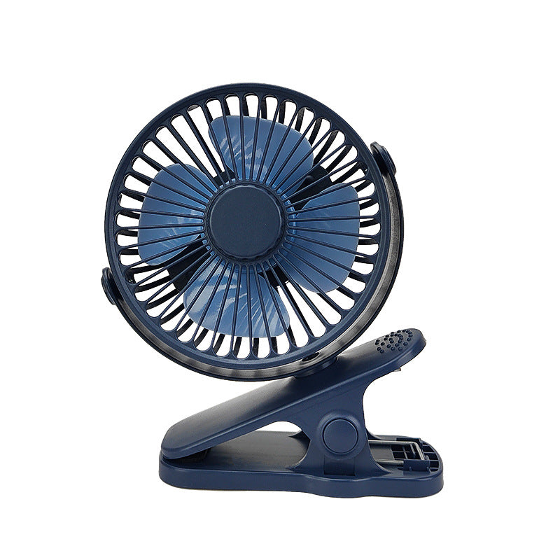 Small navy blue USB rechargeable clip-on fan with a round adjustable head and four light blue blades.