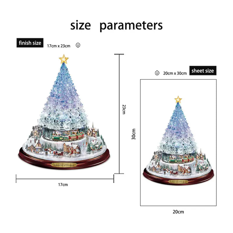 Dimensions diagram for a Thomas Kinkade tabletop Christmas tree with a snowy village, train, and star topper.