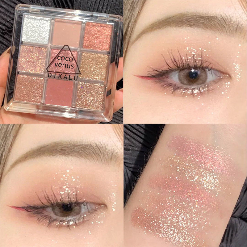 DIKALU 9-color eyeshadow palette with sunset-toned matte and glitter shades, shown applied on eyelids and as swatches.