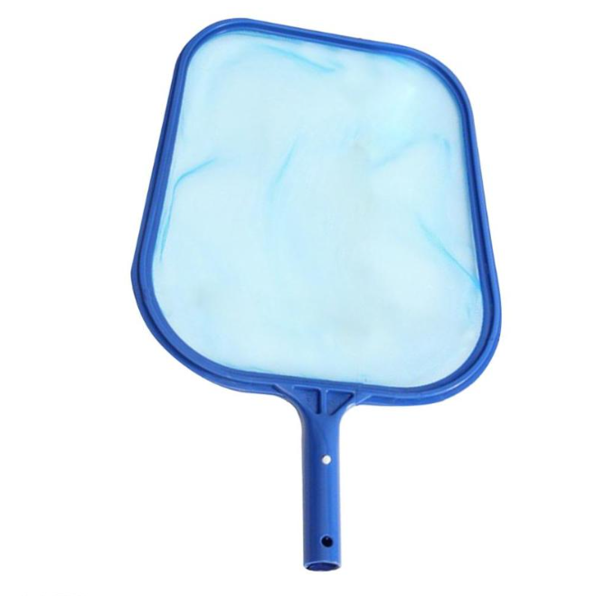 Blue plastic pool leaf skimmer net with a fine mesh screen and a handle attachment point, isolated on white.