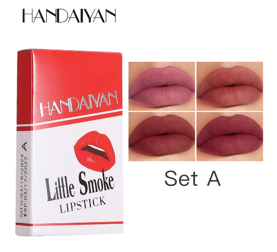 Handaiyan Little Smoke lipstick set in white and red packaging with four swatch examples of matte nude lip colors.