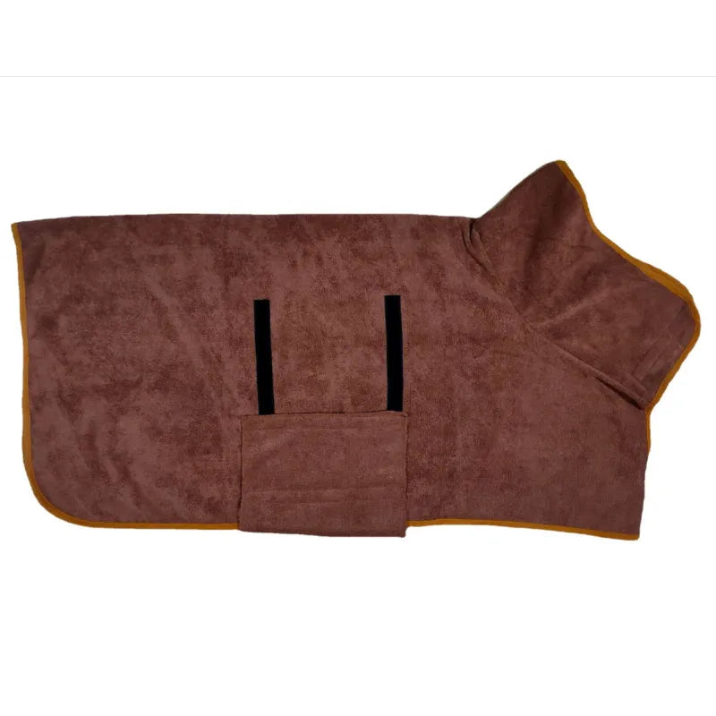 Dusty rose, quick-dry pet bathrobe with a yellow trim, hood, and black velcro adjustable straps.