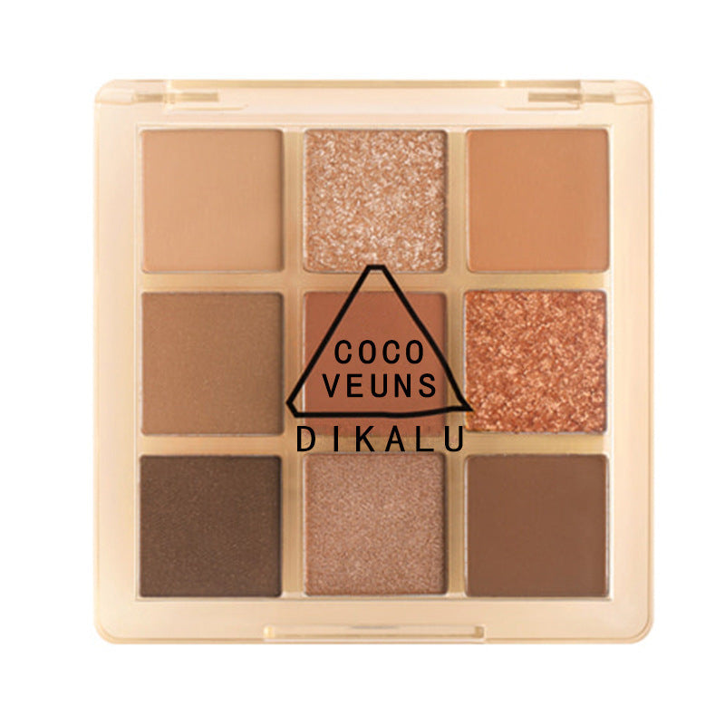 DIKALU 9-color eyeshadow palette with warm, sunset-inspired matte and shimmering brown and copper shades.