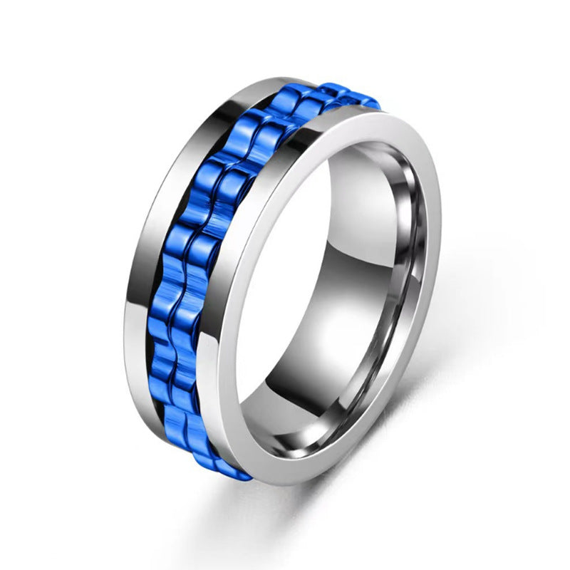 Polished titanium steel fidget ring featuring a rotating, vibrant blue gear-style center band.