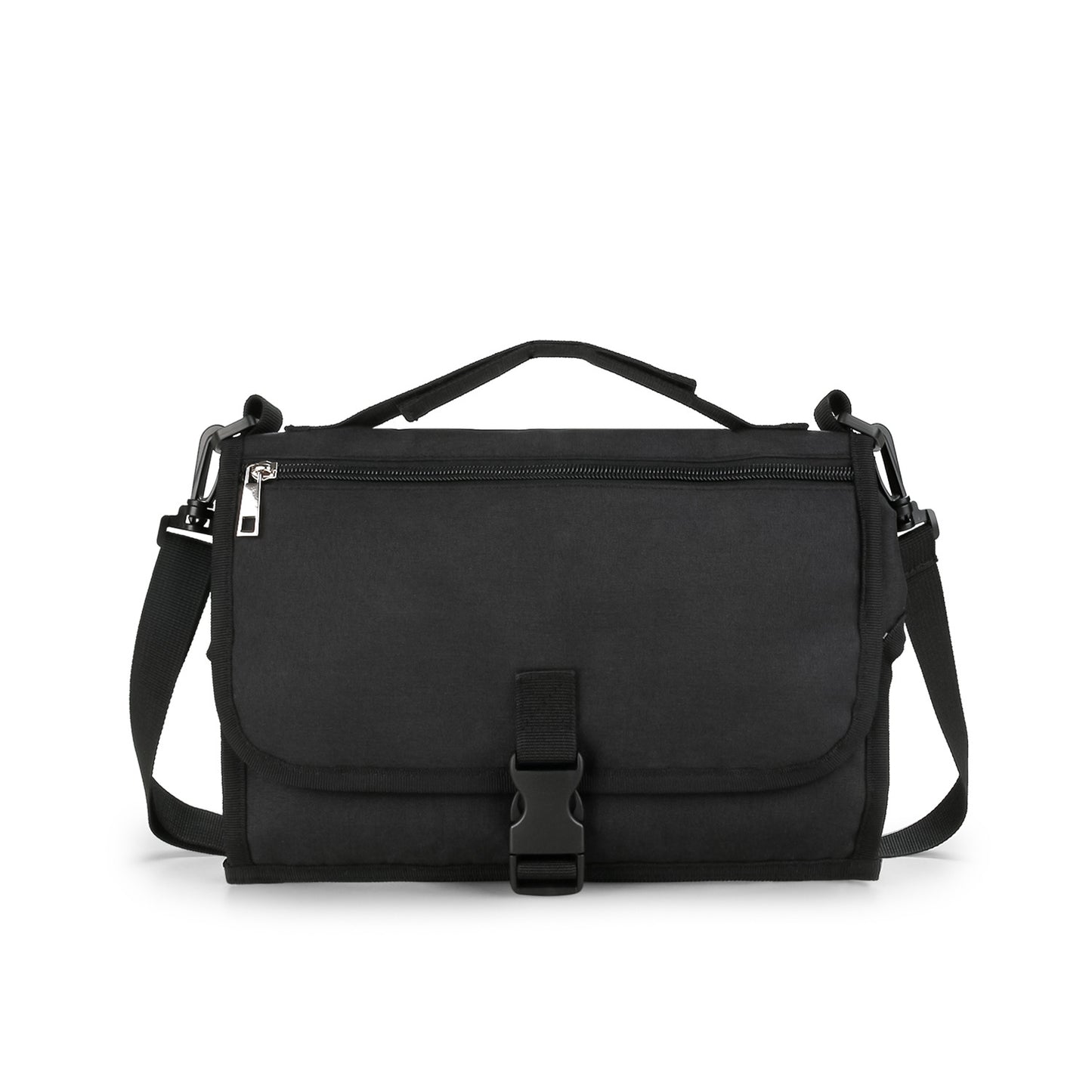 Black, portable baby changing mat bag with a top handle, adjustable shoulder strap, zipper pocket, and buckle closure.