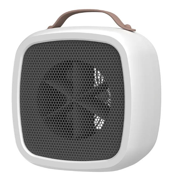 Compact white portable space heater with a grey honeycomb mesh front and a soft pink top handle.
