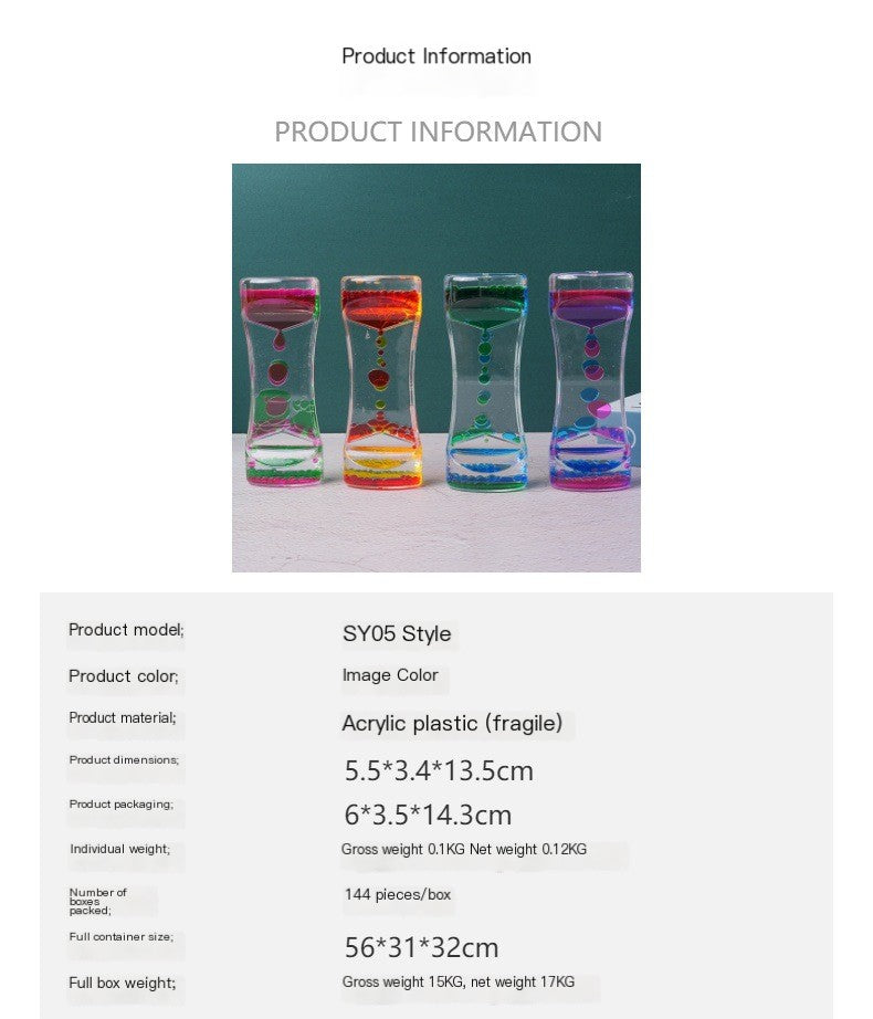 Four acrylic liquid motion timers in pink-green, orange-yellow, green-blue, and purple-blue, standing on a white table.