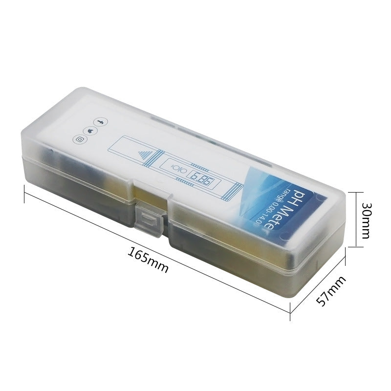 Compact pH meter for water quality in a frosted translucent protective storage case, labeled with dimensions.