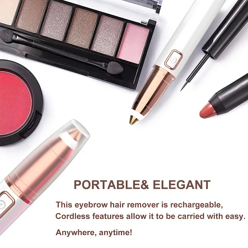 SmoothBrow white and rose gold rechargeable eyebrow hair remover surrounded by eyeshadow, blush, and eyeliner makeup.