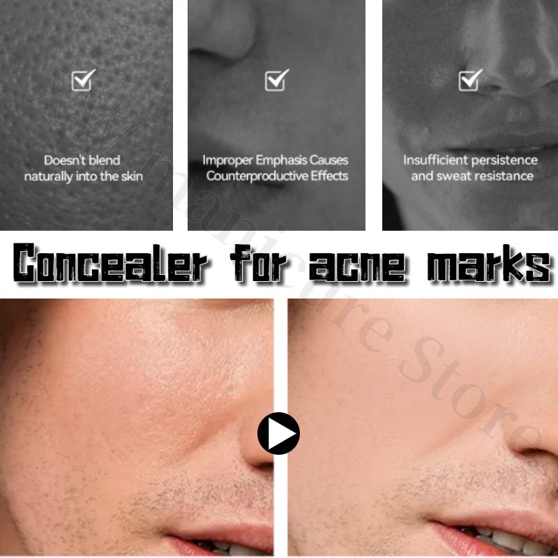 Comparison graphic showing MANCODES BB cream smoothing acne marks on male skin, contrasting before and after results.