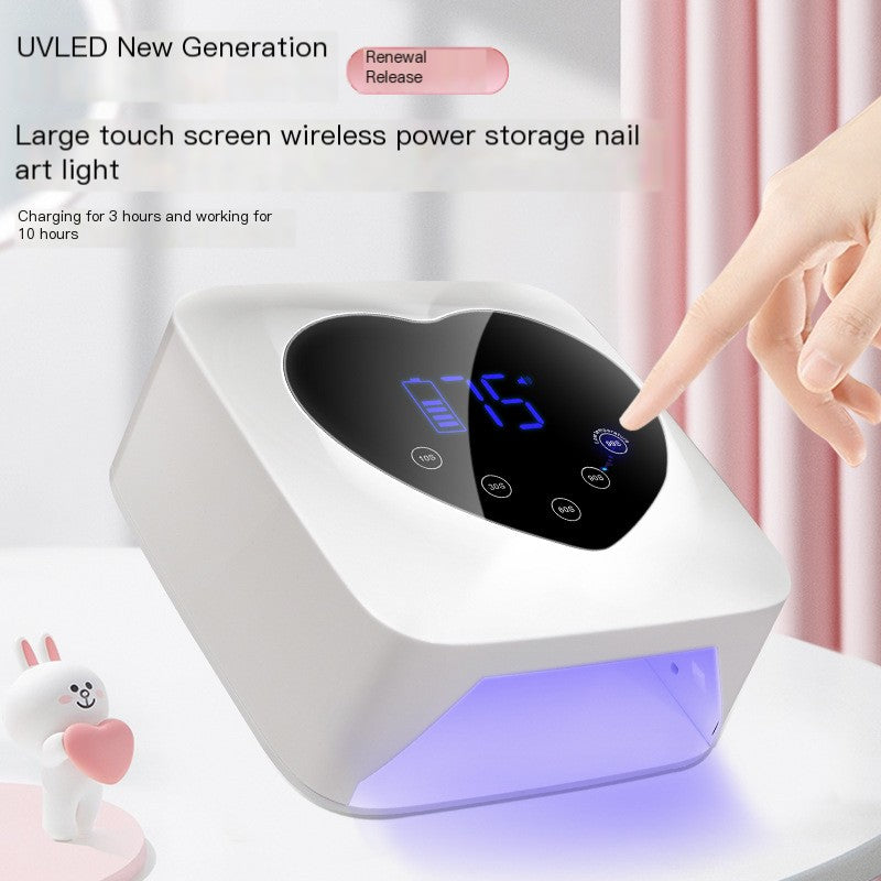 White cordless X20 nail lamp with a heart-shaped touch screen display and blue interior UV LED light.