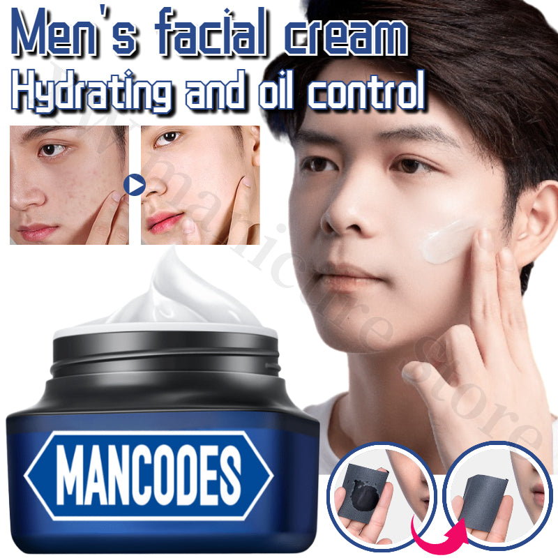 MANCODES Men's Hydrating BB Cream in a blue jar with text, shown with before-and-after skin results and oil blot tests.