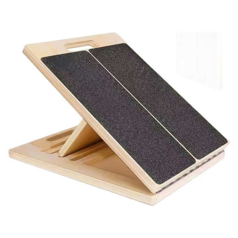 Adjustable wooden slant board calf stretcher with non-slip black grip surfaces and a convenient cutout handle.