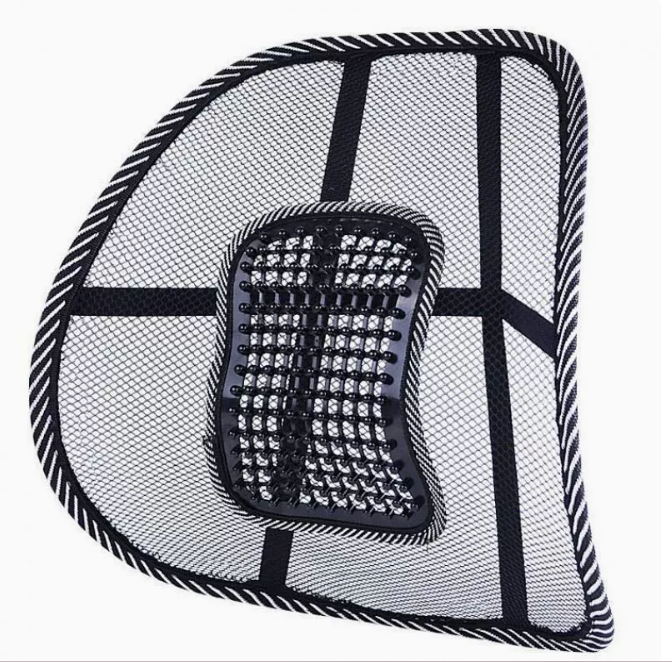 Black ergonomic mesh back support cushion with a central beaded massage panel and striped fabric trim.