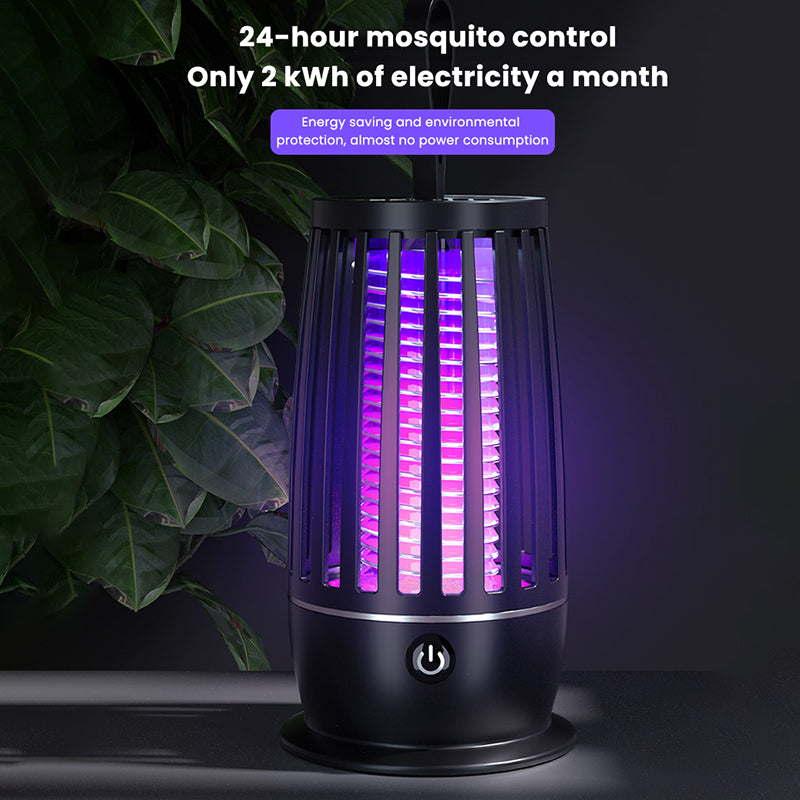 Black smart mosquito zapper lantern with a glowing purple UV light, power button, and a modern, slatted cage design.