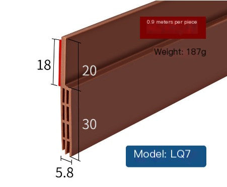 Brown door insulation weatherstrip with measurement annotations, showing a 30mm seal and 18mm adhesive strip.