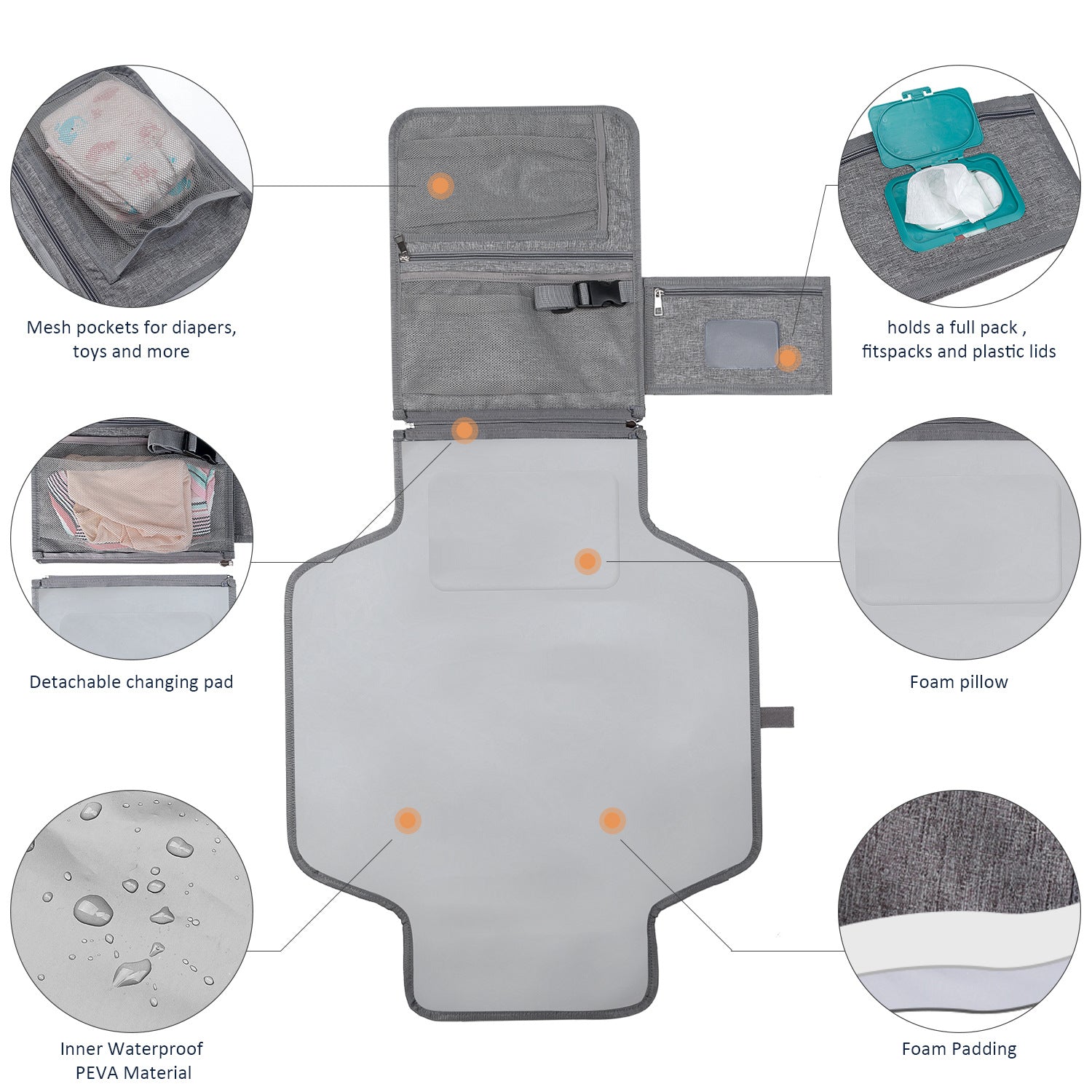 Gray portable baby changing mat with waterproof lining, mesh storage pockets, foam pillow, and detachable pad.