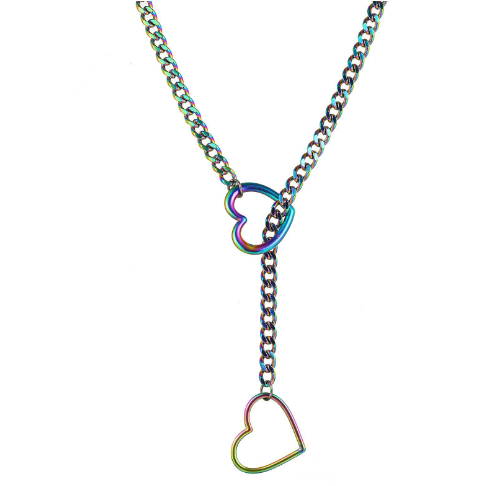 Iridescent, rainbow-colored curb chain lariat necklace featuring two hollow heart pendants on a white background.