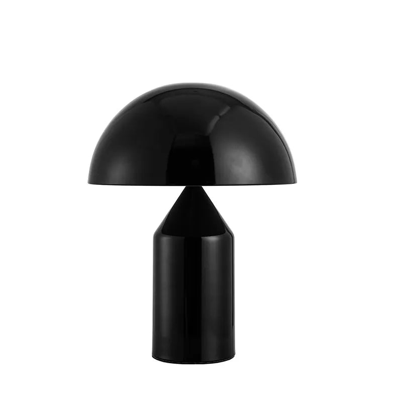 Minimalist glossy black mushroom-shaped desk lamp with a smooth, rounded dome shade and cylindrical base.
