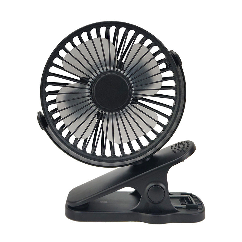 Black USB clip-on desk fan with a circular cage and five silver-grey blades against a white background.