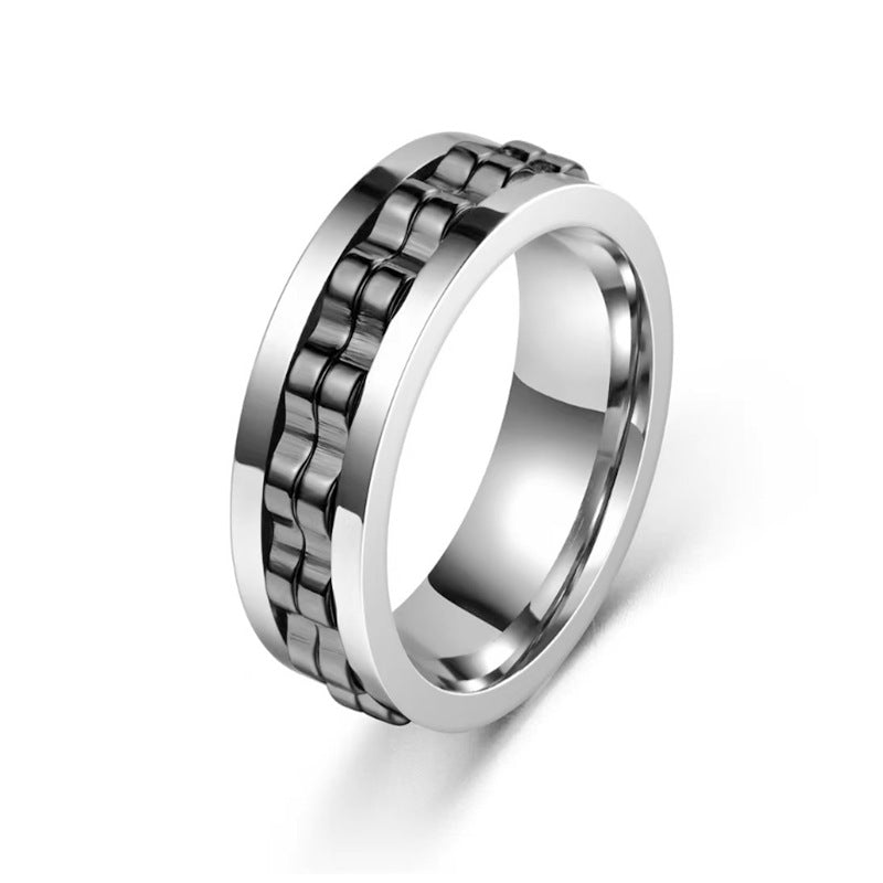 Silver-tone titanium steel fidget ring featuring a rotating, dark metallic gear-inspired chain center band.