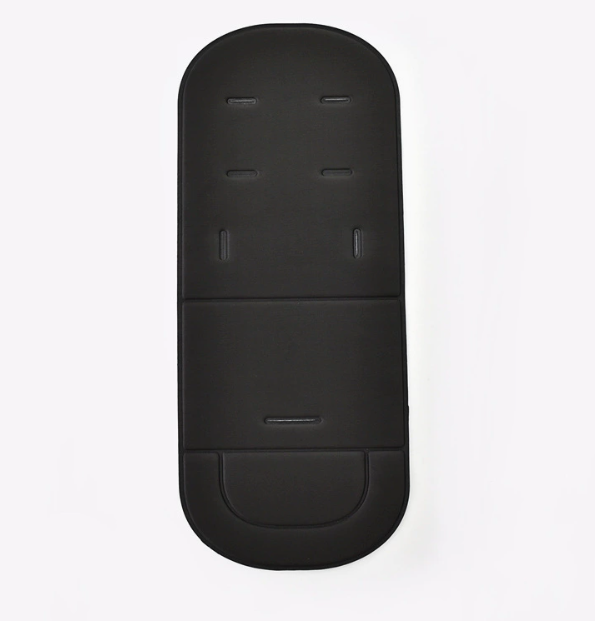 Solid black universal baby stroller seat cushion with harness slots, shown against a plain white background.