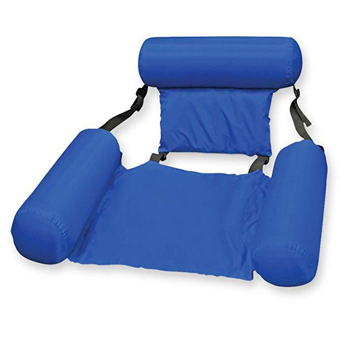 Blue inflatable water lounge hammock with backrest, seat, and side armrests on a white background.