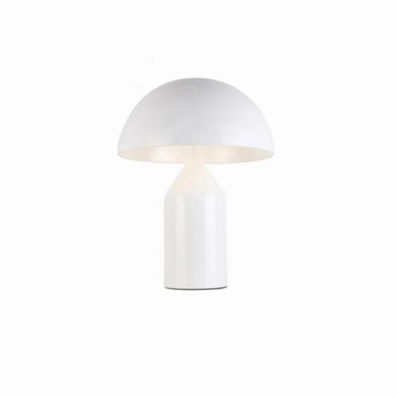 Minimalist glossy white mushroom-shaped desk lamp with a smooth, domed shade and cylindrical base on a white background.